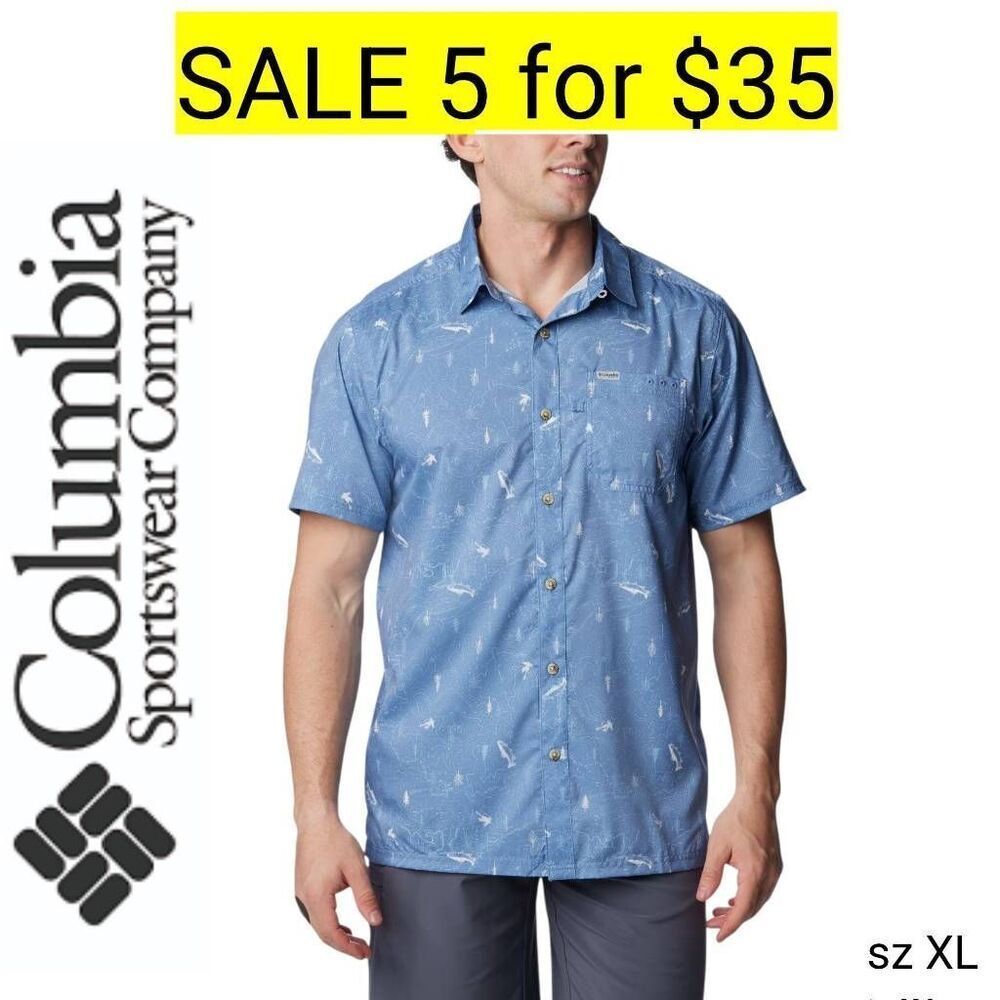 Columbia Blue Fishing Performance Short Sleeve Button Down Shirt Sale 5 for 35